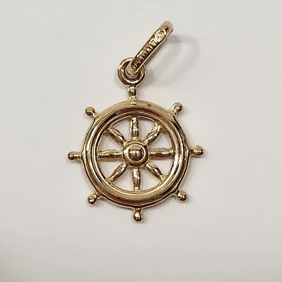 14K Solid Yellow Gold Double Sided Ship's Wheel Charm - Picture 1 of 4